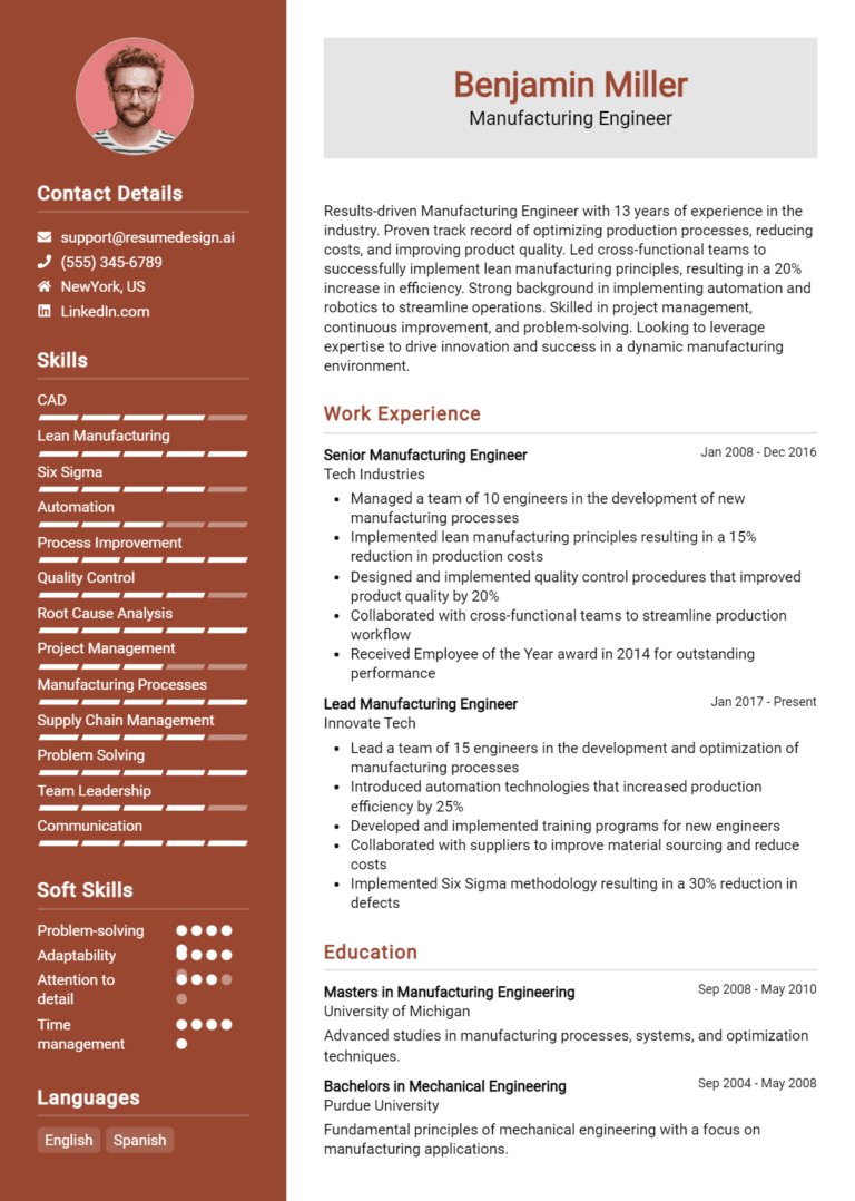 20 Manufacturing Engineer Resume Examples And Templates for 2025