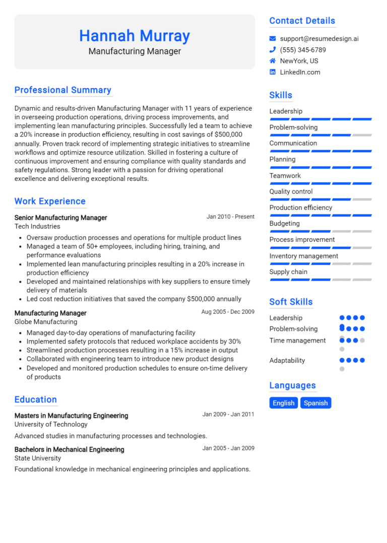 20 Manufacturing Manager Resume Examples And Templates for 2025