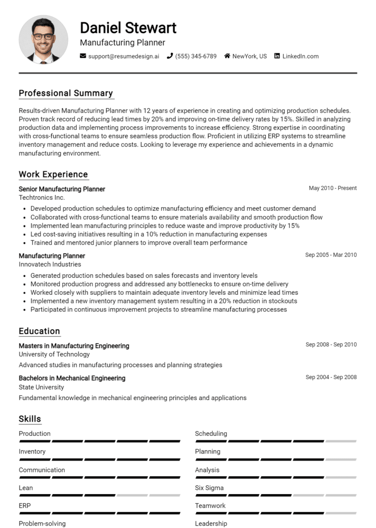 20 Manufacturing Planner Resume Examples And Templates for 2025: Top Tips
