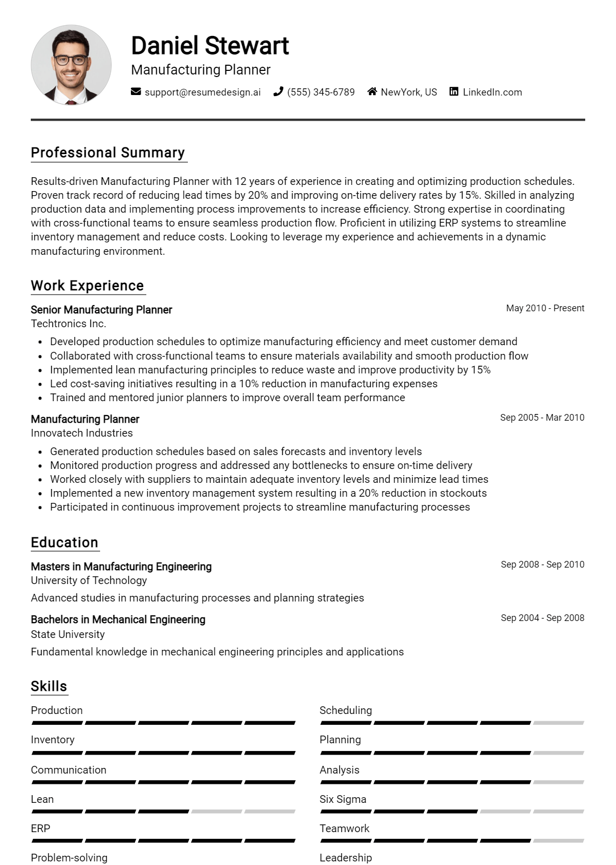 Manufacturing Planner Resume Example