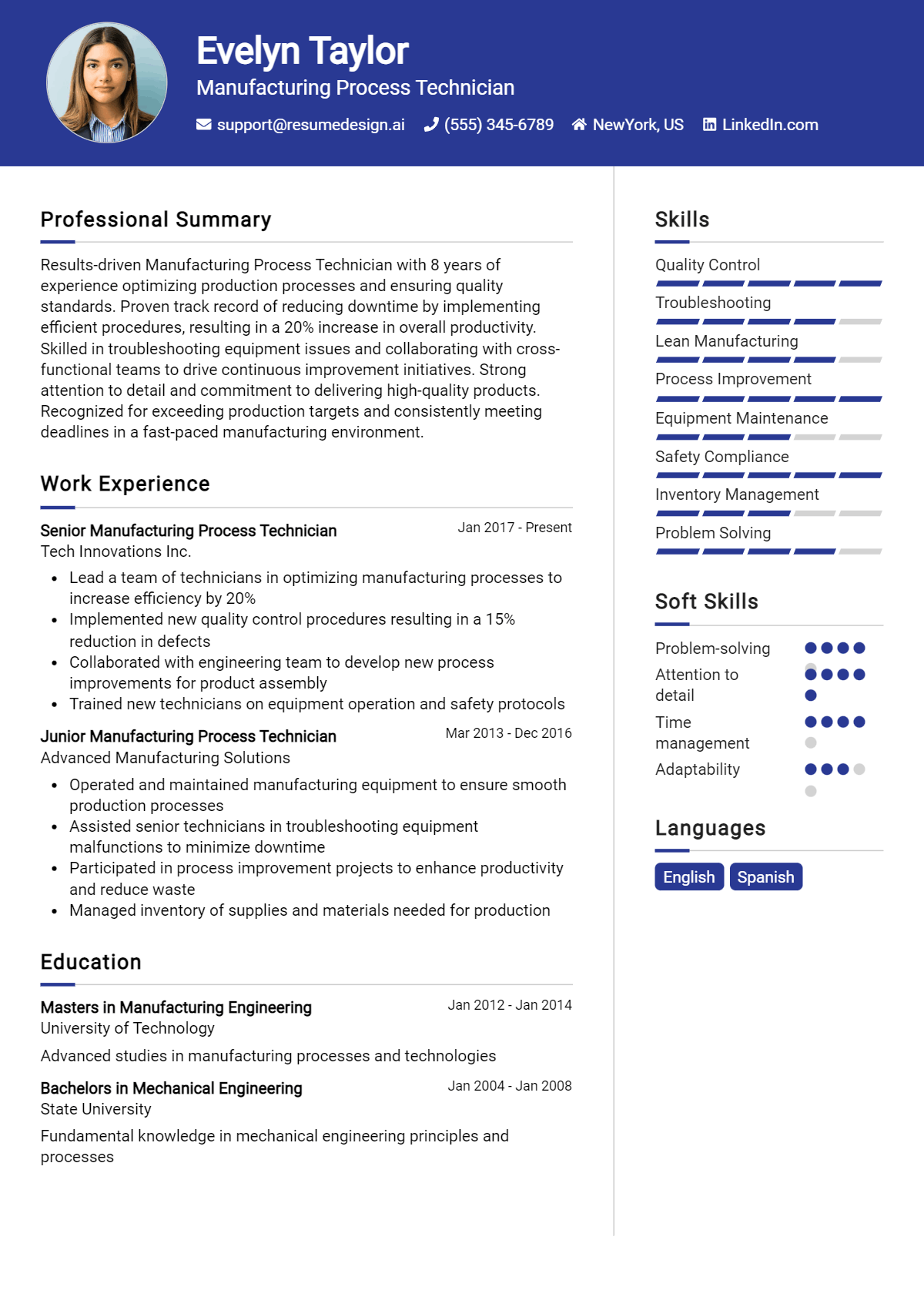 Manufacturing Process Technician Resume Example