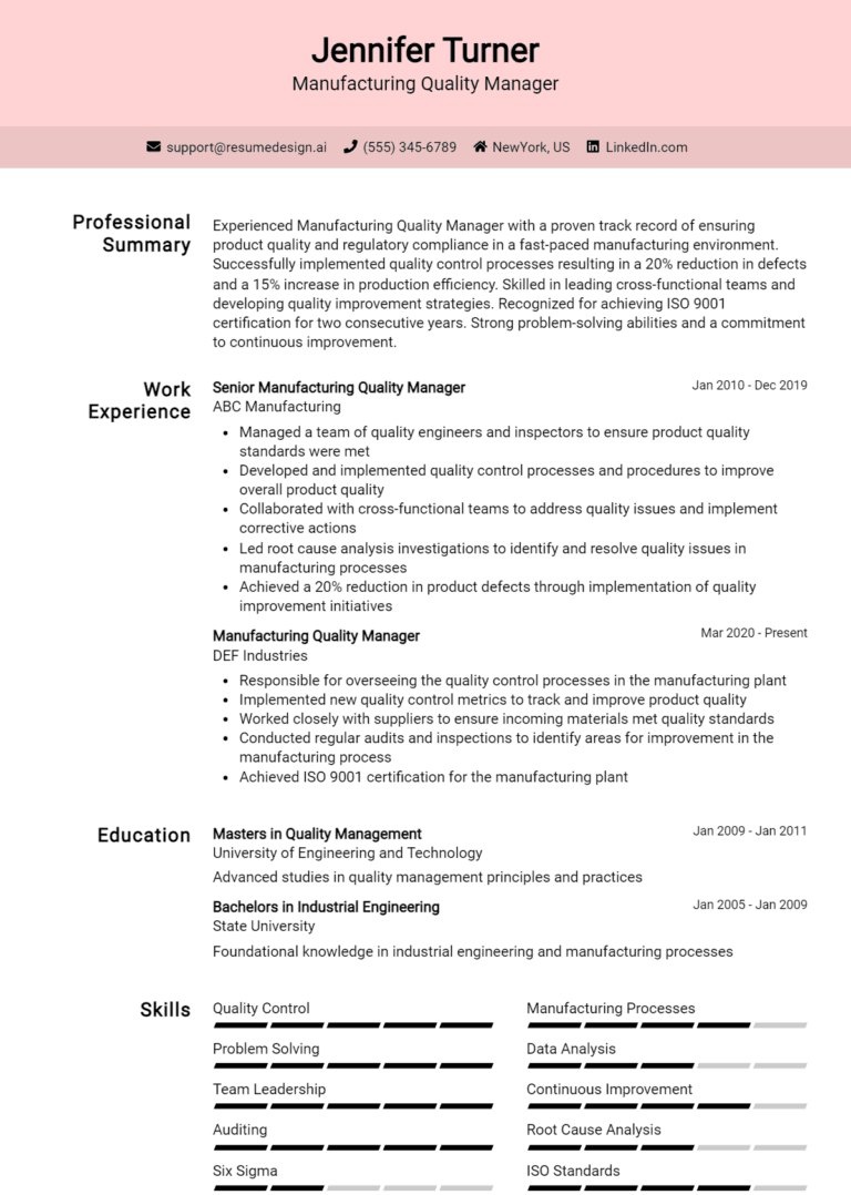 10 Manufacturing Quality Manager Resume Examples And Templates for 2025 (Downloadable)