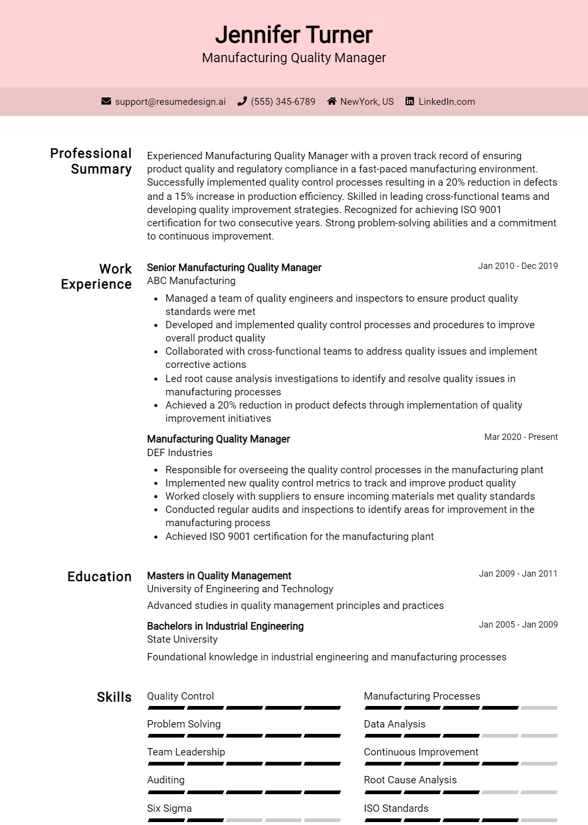 Manufacturing Quality Manager Resume Example