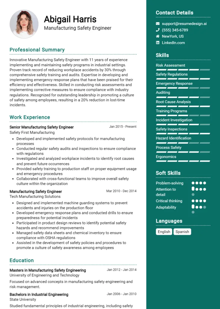 Manufacturing Safety Engineer Resume Example