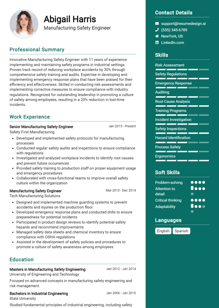 20 Manufacturing Safety Engineer Resume Examples And Templates for 2025