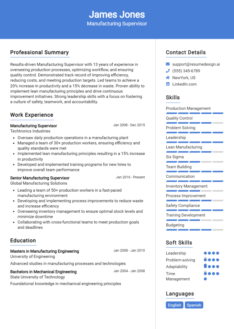20 Manufacturing Supervisor Resume Examples And Templates for 2025