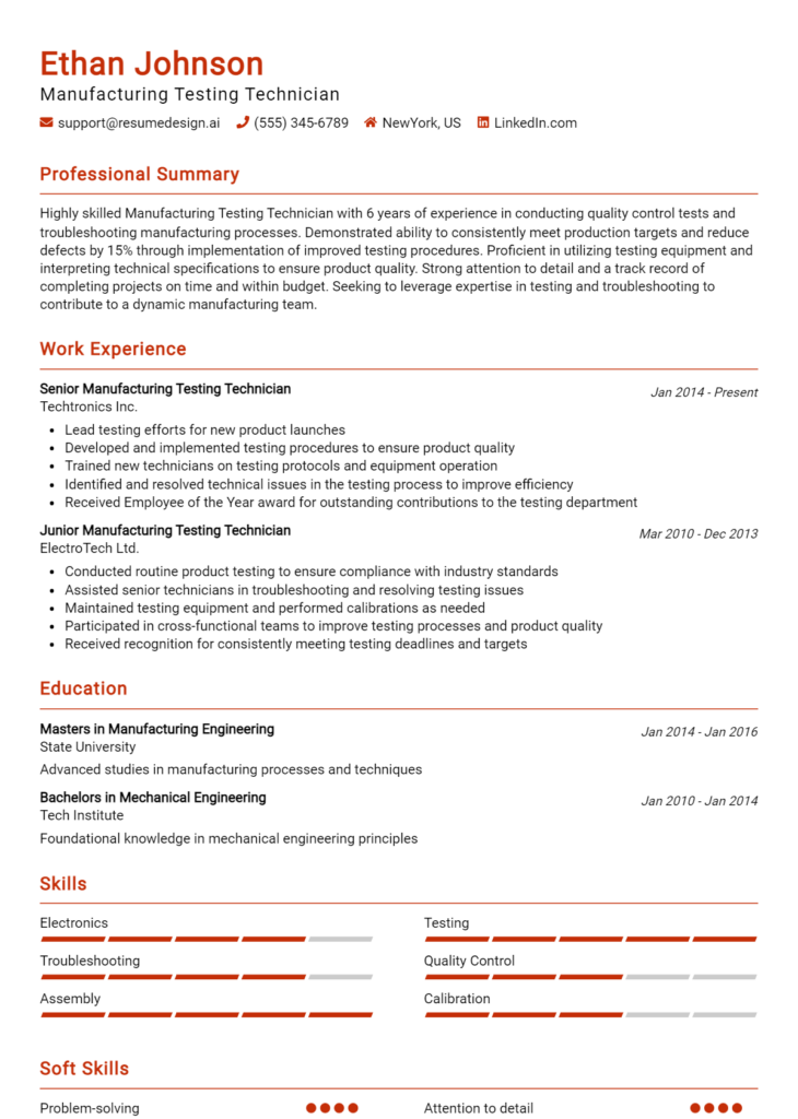 Manufacturing Testing Technician Resume Example