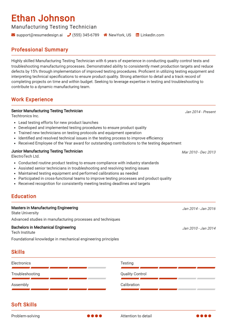 10 Manufacturing Testing Technician Resume Examples And Templates for 2025