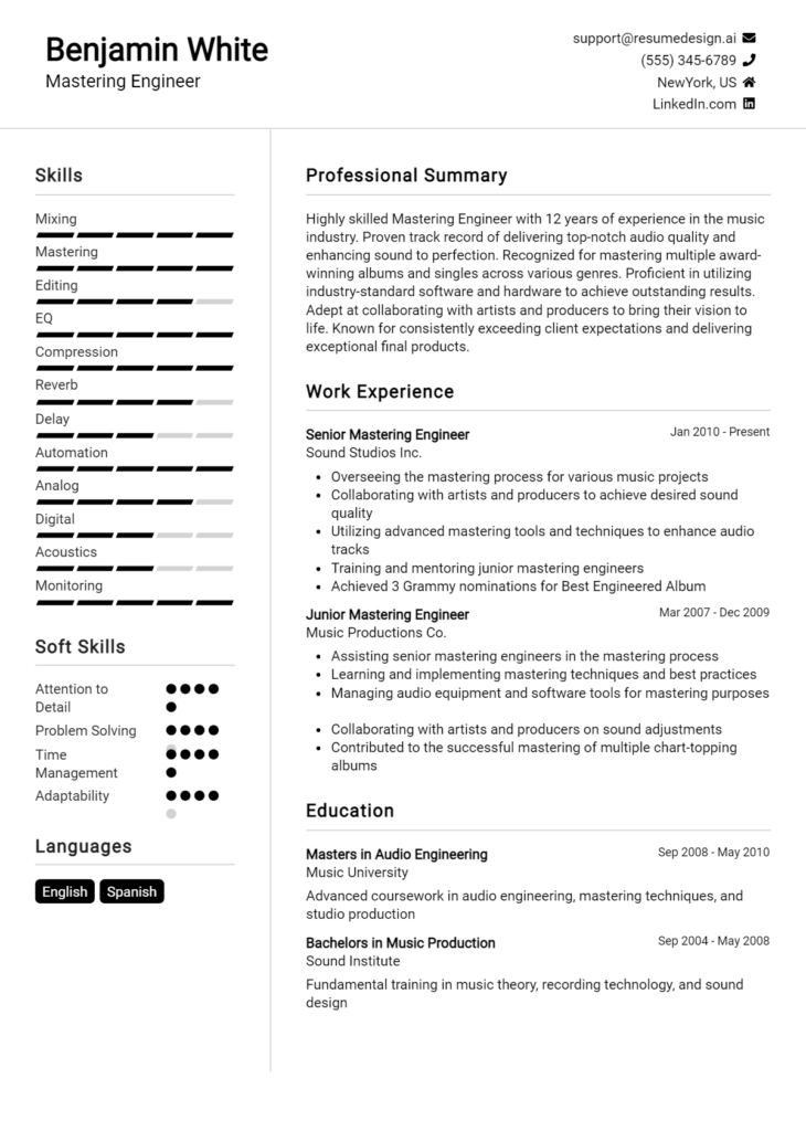 Mastering Engineer Resume Example