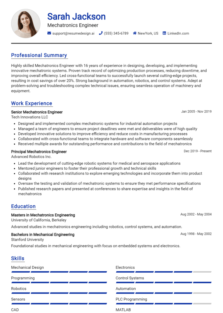 Mechatronics Engineer Resume Example