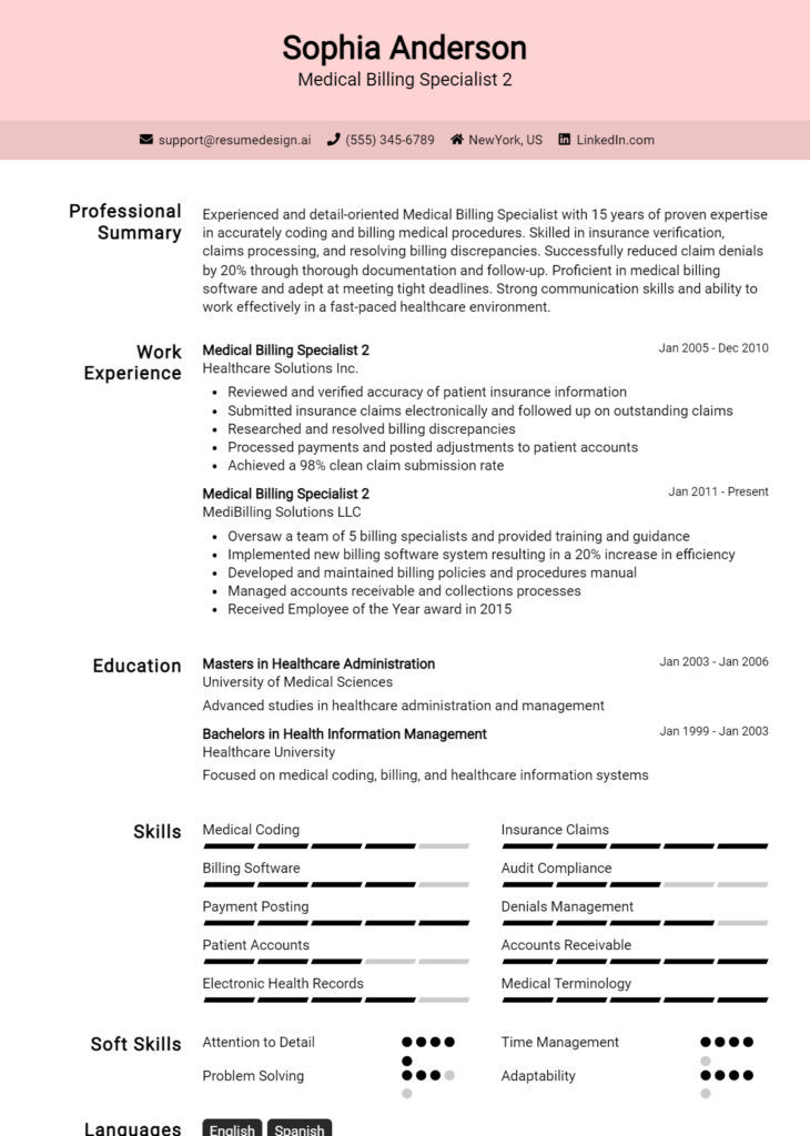 Medical Billing Specialist 2 Resume Example