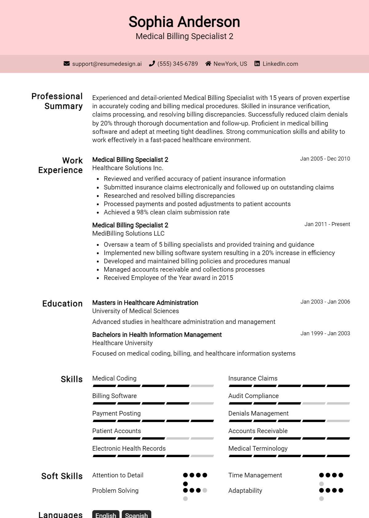 Medical Billing Specialist 2 Resume Example