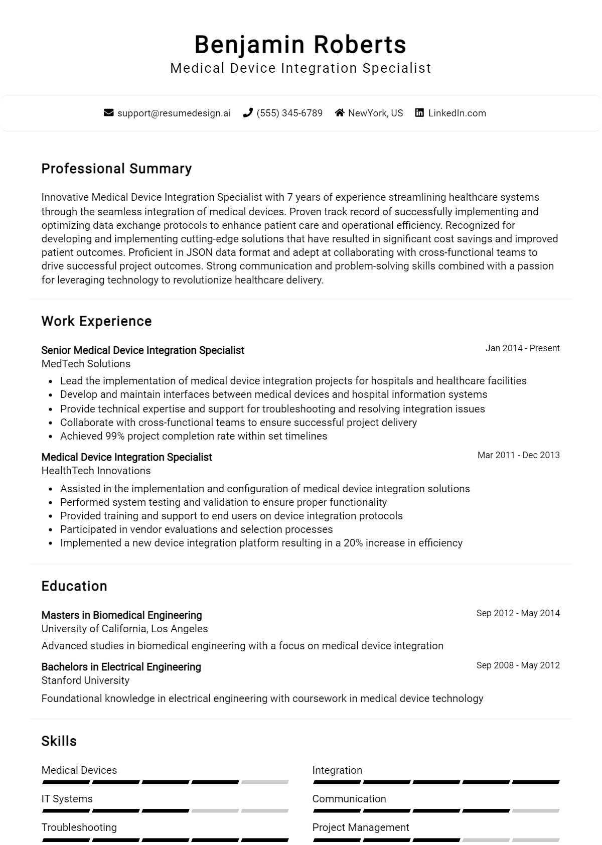 Medical Device Integration Specialist Resume Example