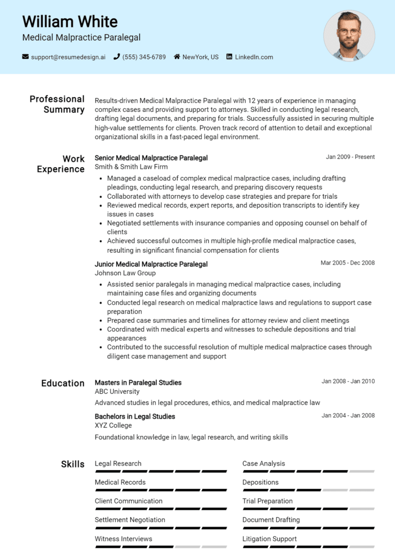 18 Medical Malpractice Paralegal Resume Examples And Templates for 2025