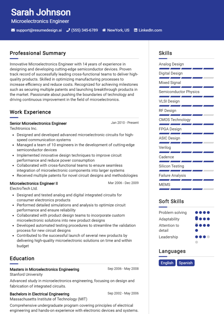 Microelectronics Engineer Resume Example