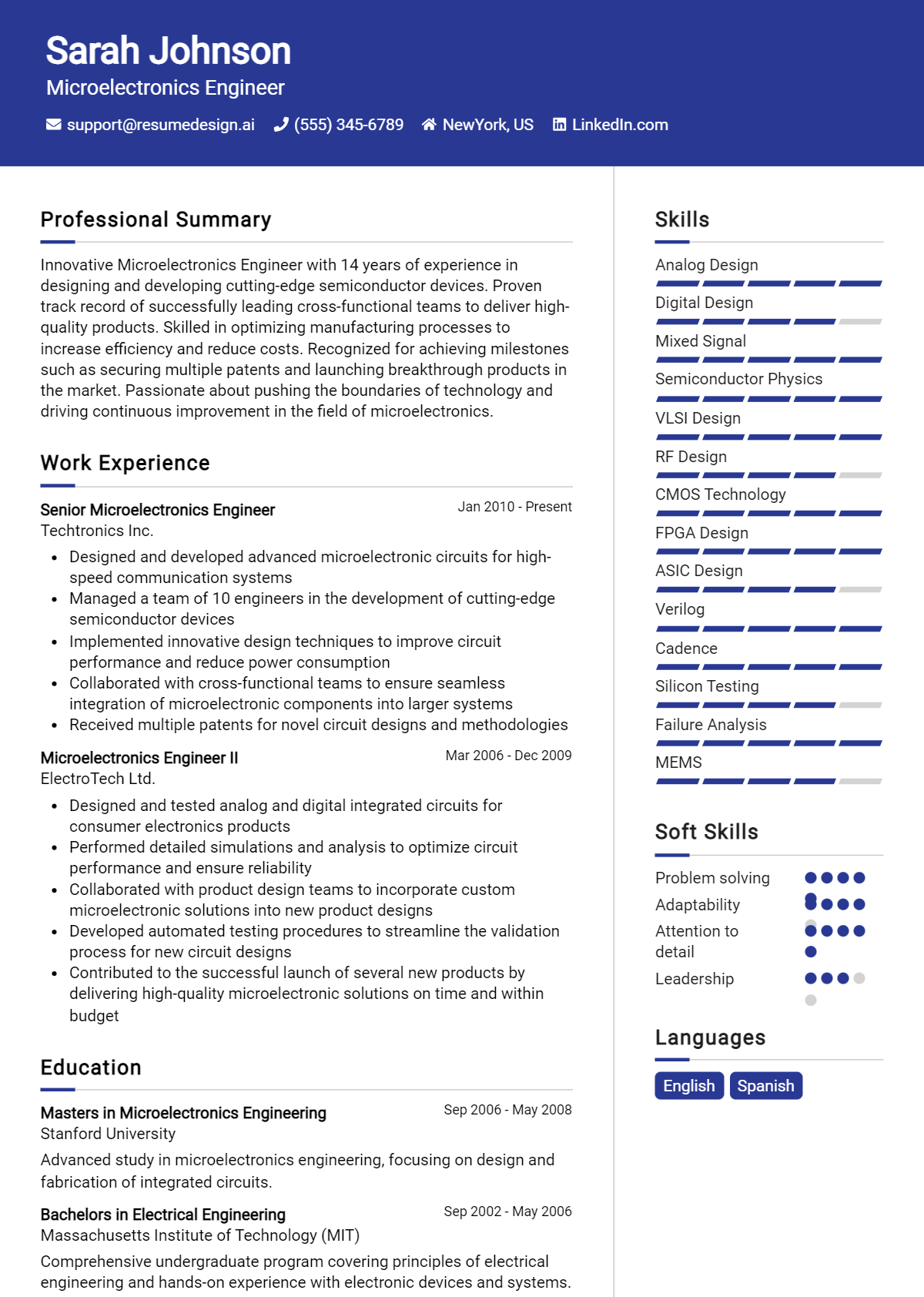 Microelectronics Engineer Resume Example