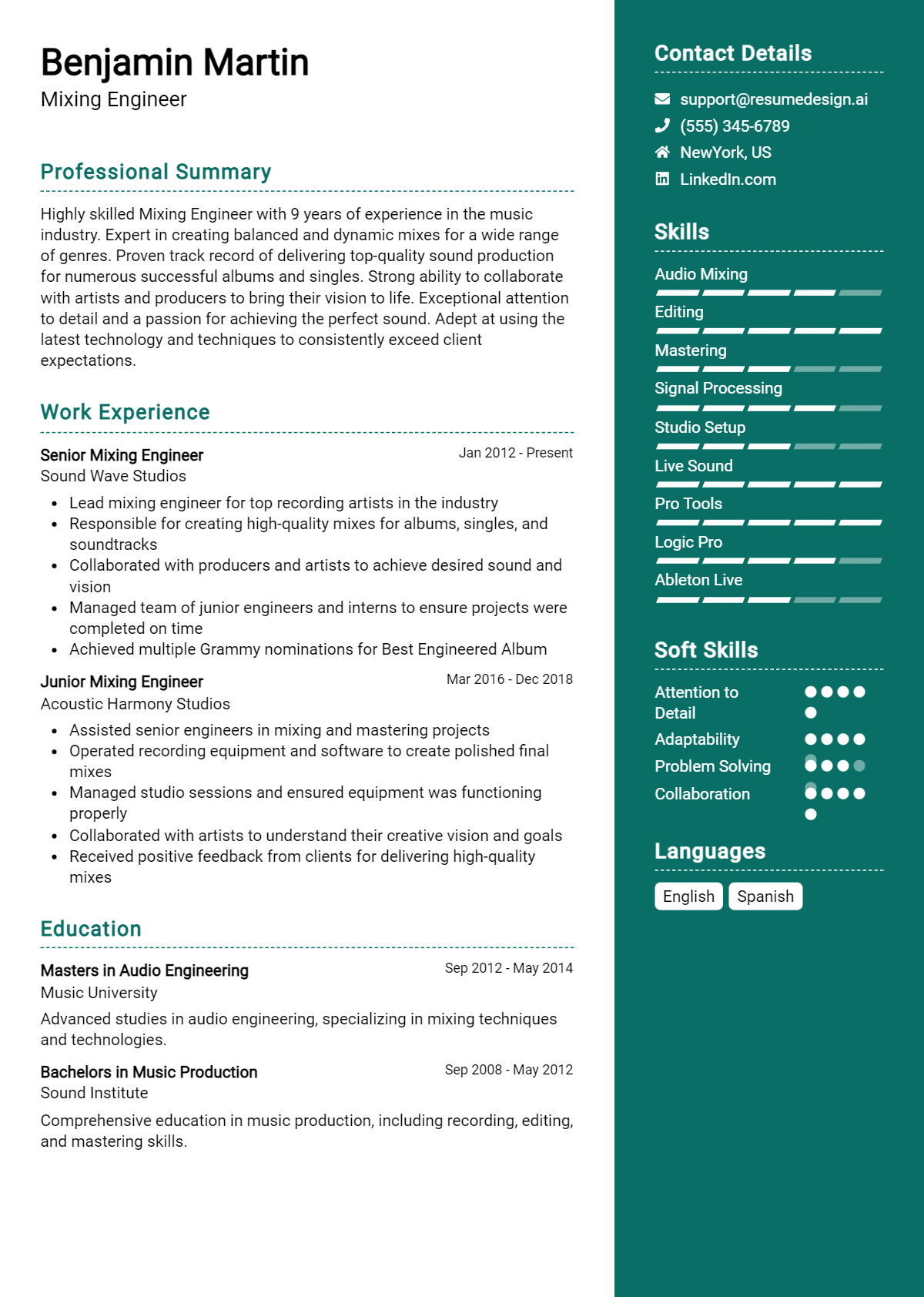 Mixing Engineer Resume Example