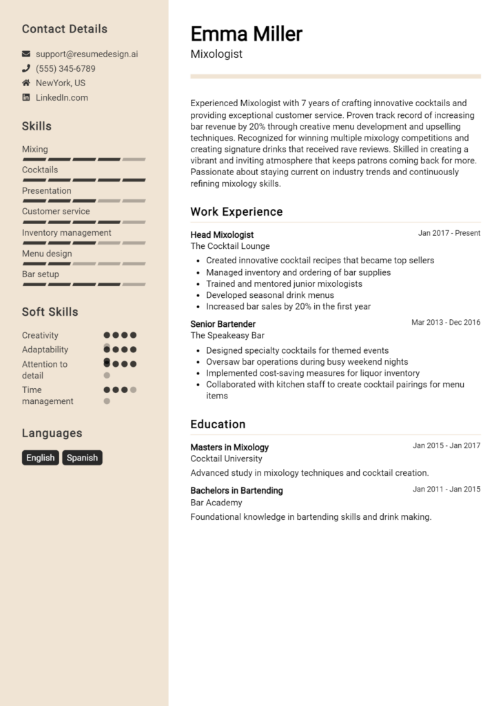 Mixologist Resume Example