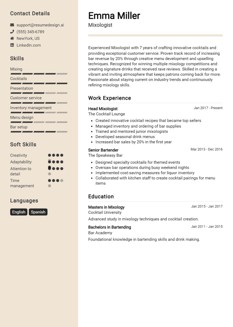 10 Mixologist Resume Examples And Templates for 2025: Writing Guide