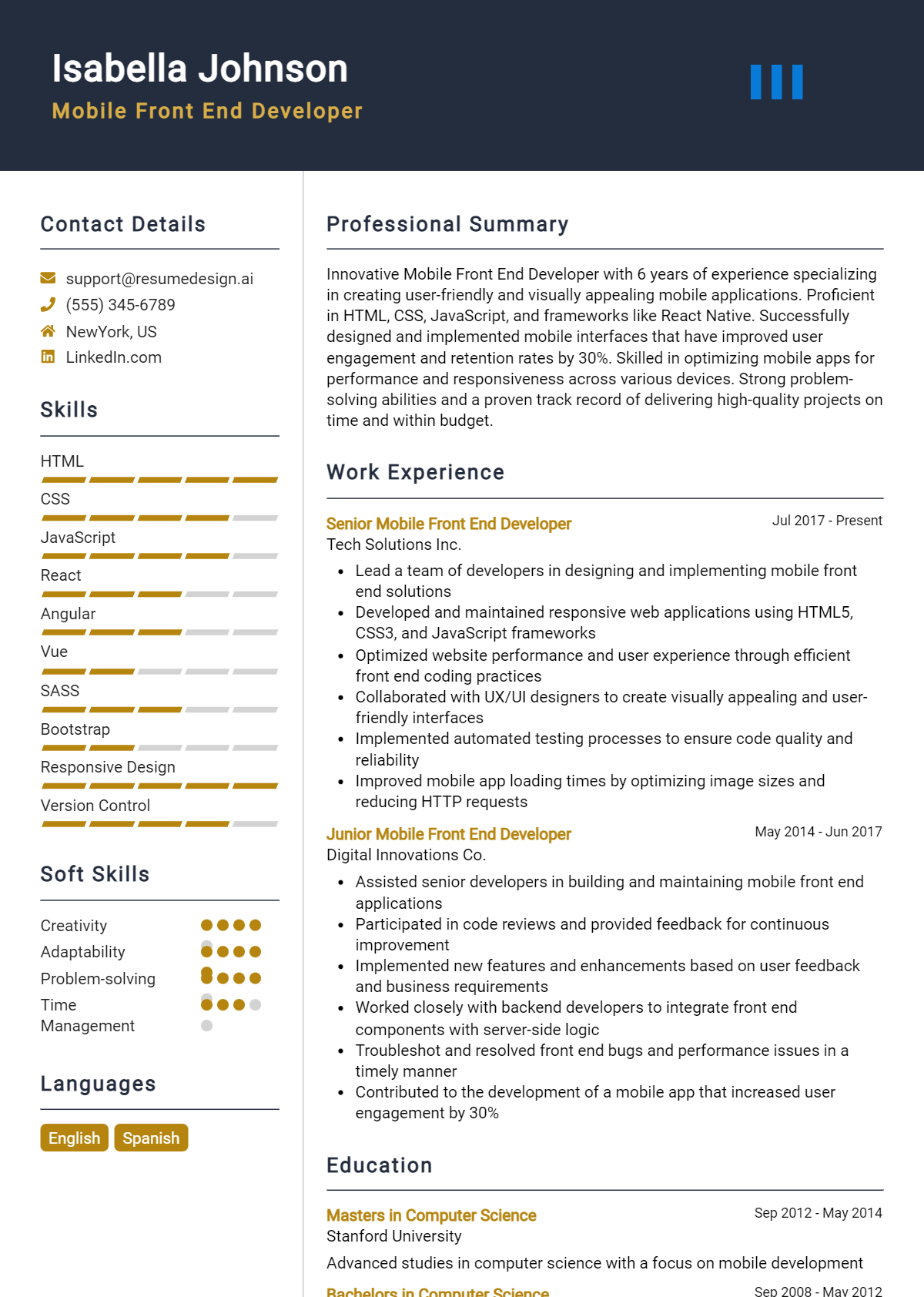 Mobile Front End Developer Resume Example