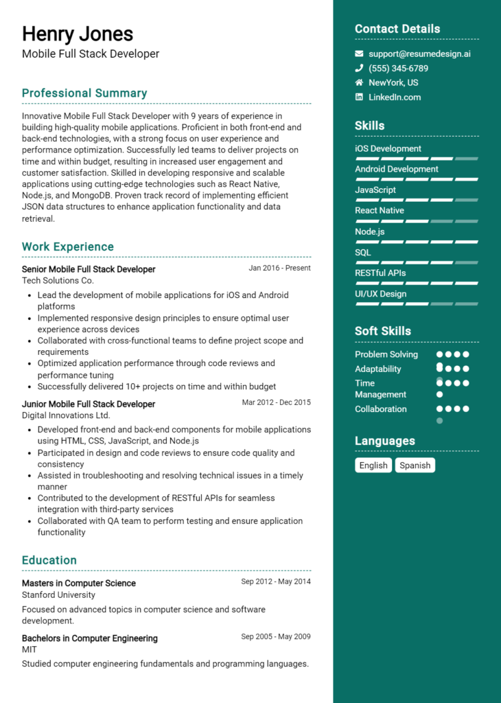 Mobile Full Stack Developer Resume Example