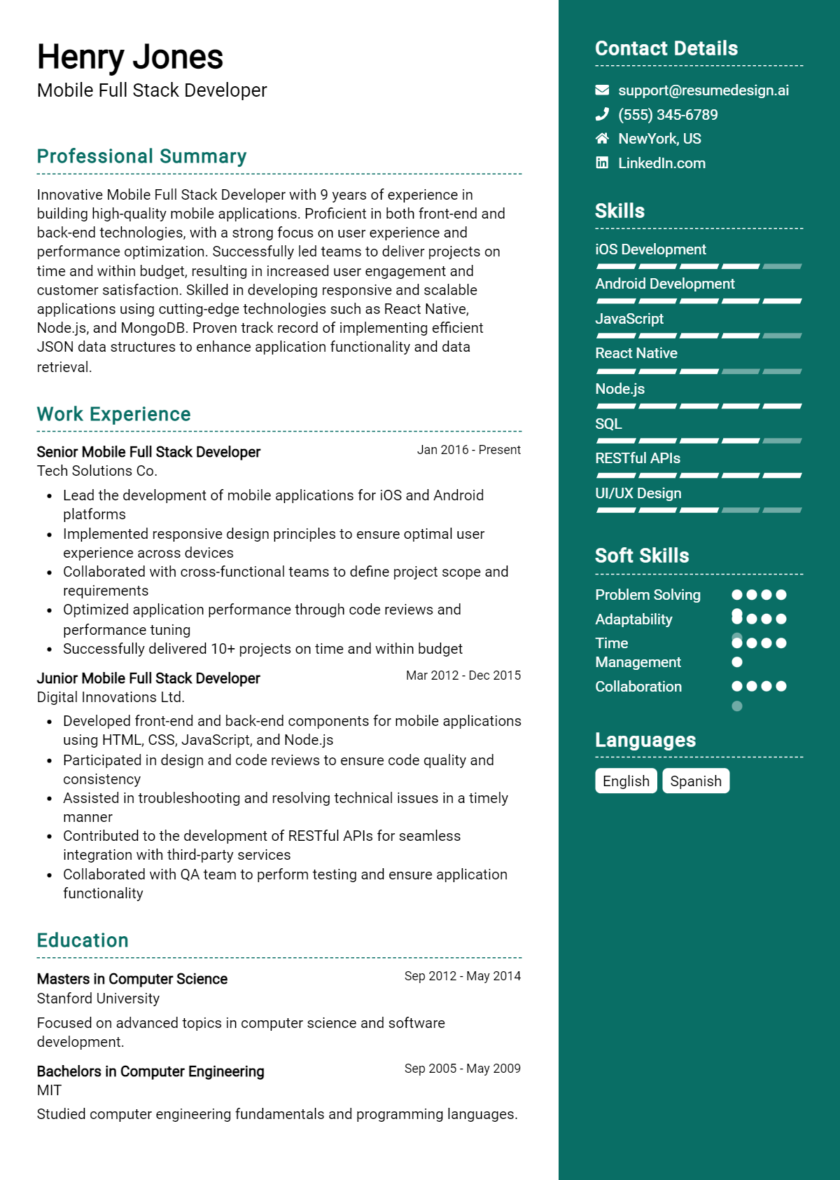 Mobile Full Stack Developer Resume Example