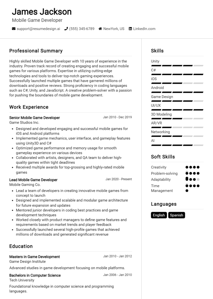 Mobile Game Developer Resume Example