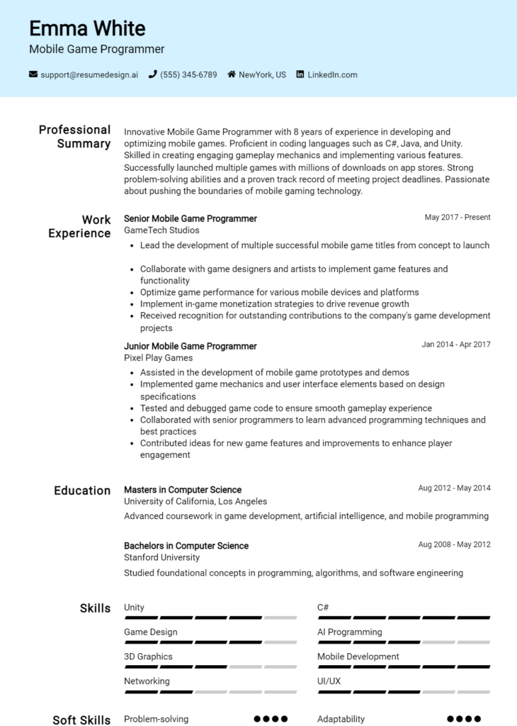 Mobile Game Programmer Resume Example