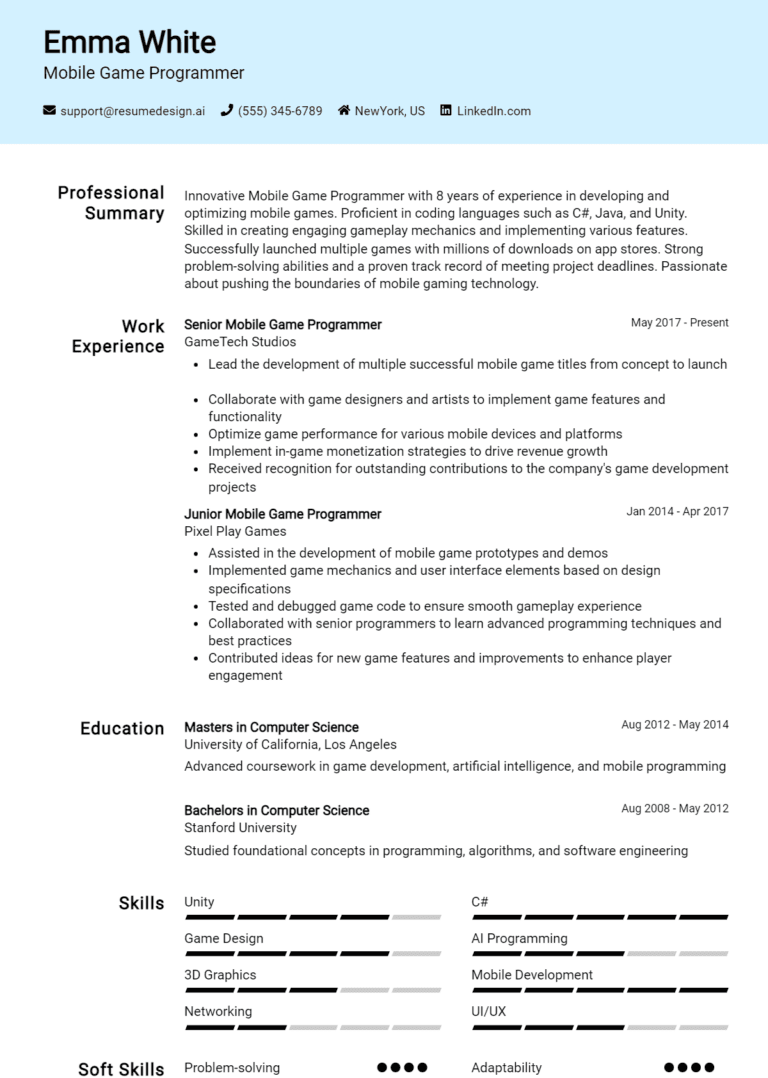 8 Mobile Game Programmer Resume Examples And Templates for 2025