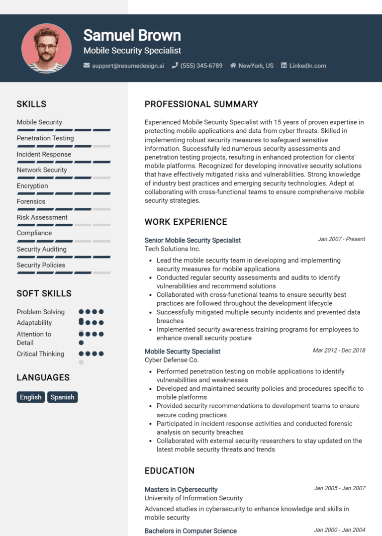 10 Mobile Security Specialist Resume Examples And Templates for 2025