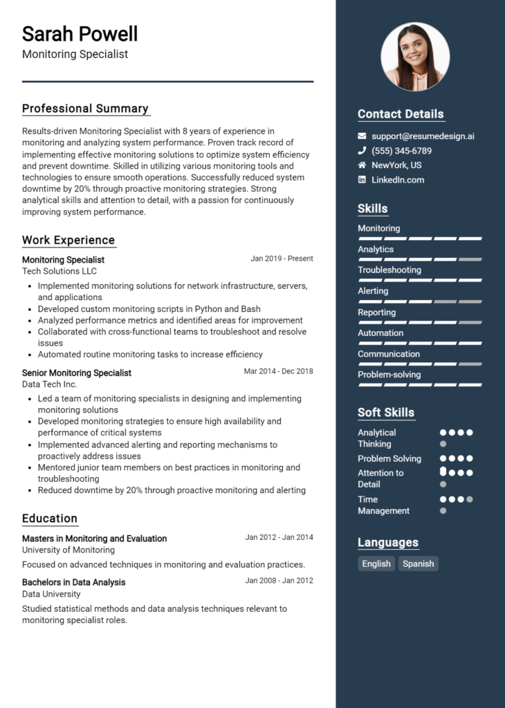 Monitoring Specialist Resume Example