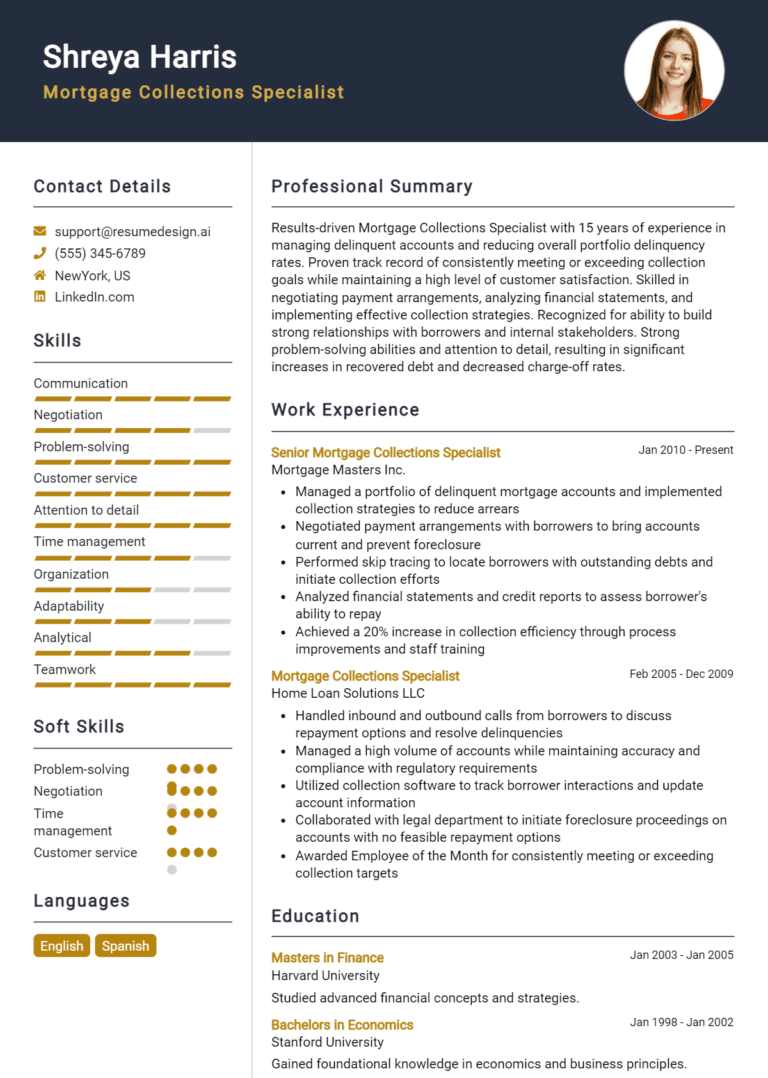 18 Mortgage Collections Specialist Resume Examples And Templates for 2025 (Downloadable)