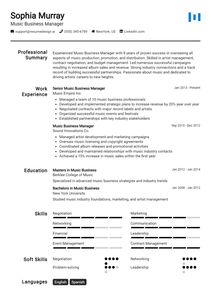 Music Business Manager Resume Example