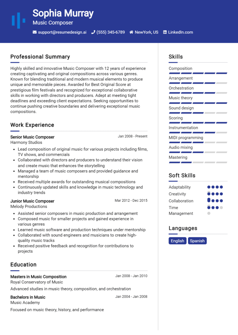 15 Music Composer Resume Examples And Templates for 2025: Best Tips