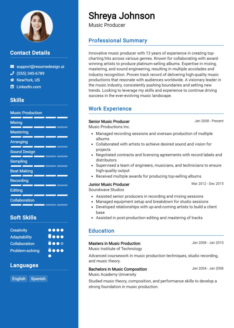 15 Music Producer Resume Examples And Templates for 2025