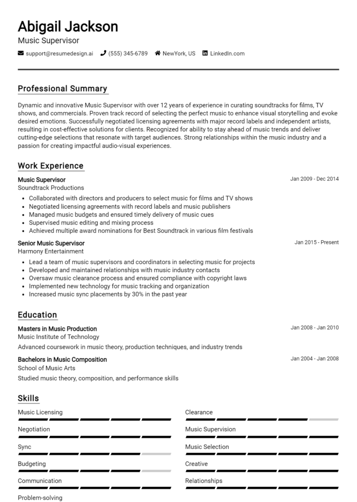 Music Supervisor Resume Example