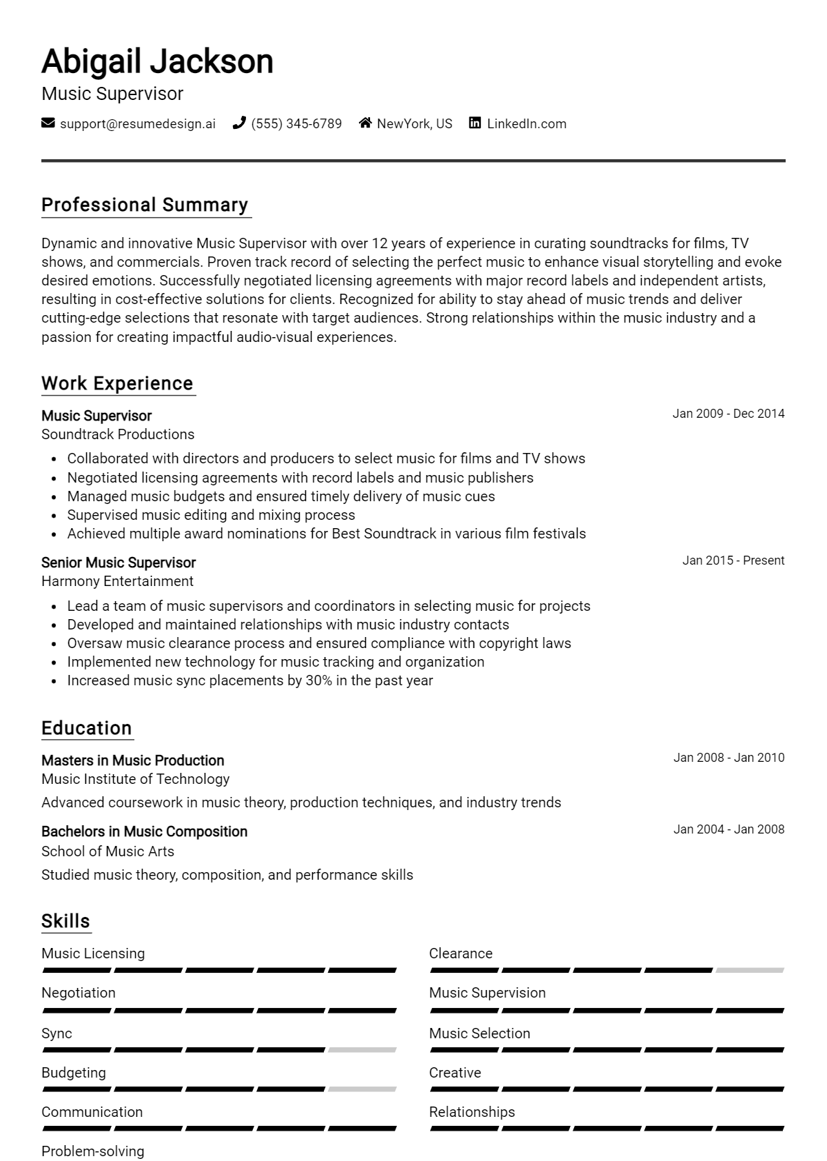 Music Supervisor Resume Example