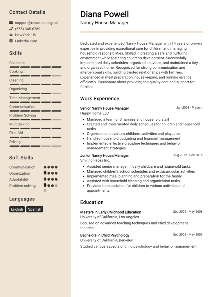 Nanny House Manager Resume Example