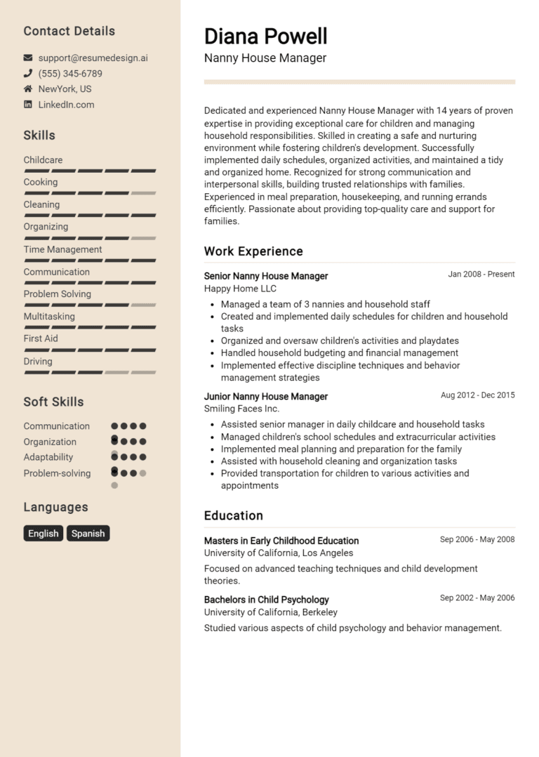 18 Nanny House Manager Resume Examples And Templates for 2025