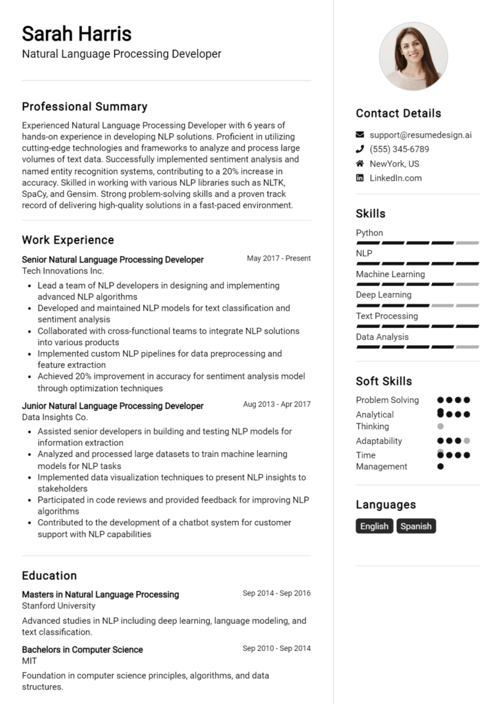 Natural Language Processing Developer Resume Example