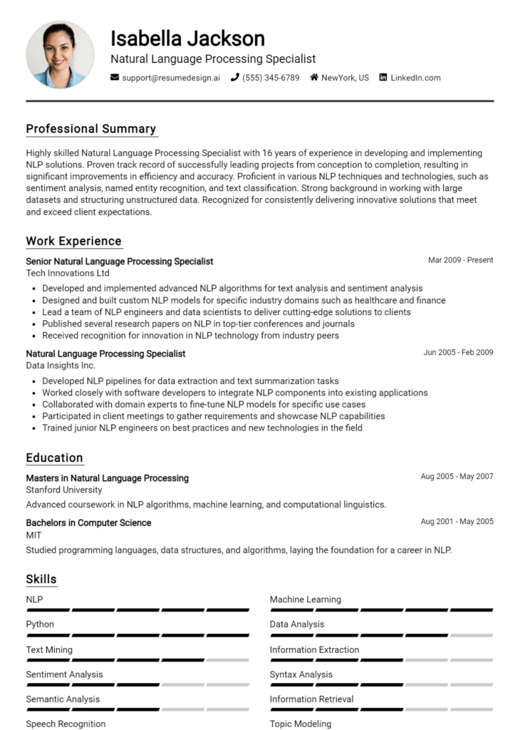 Natural Language Processing Specialist Resume Example