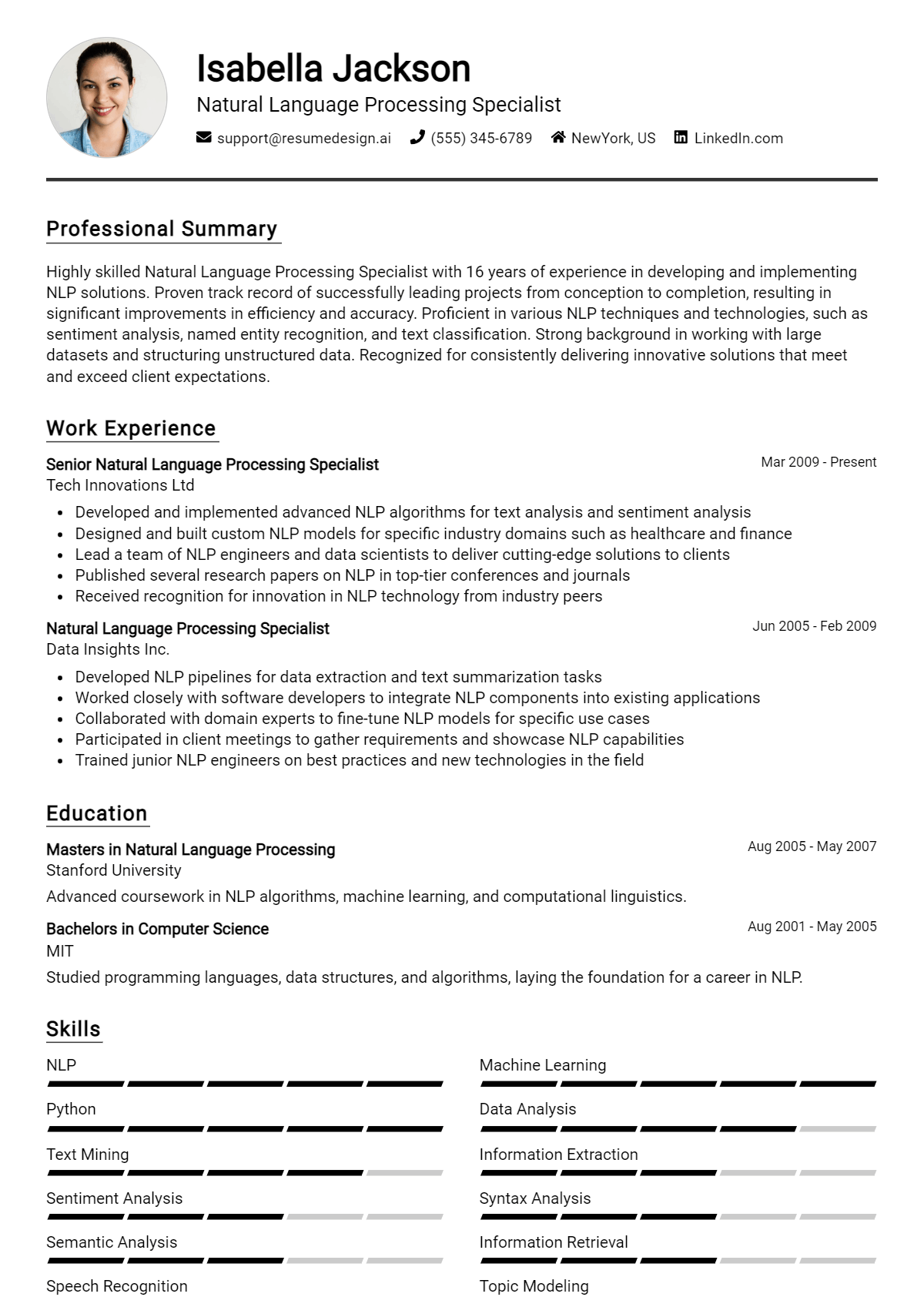 Natural Language Processing Specialist Resume Example