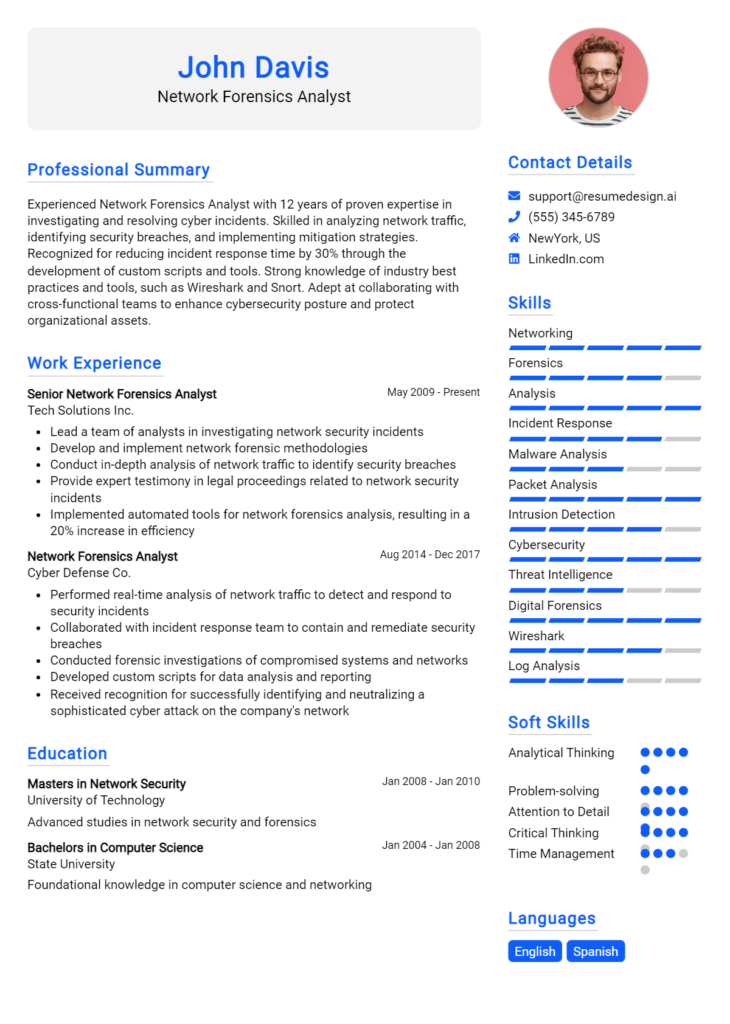 Network Forensics Analyst Resume Example