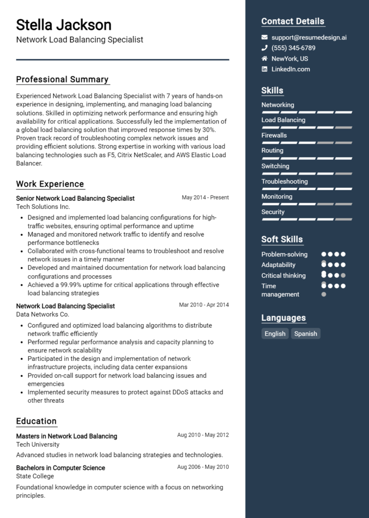 Network Load Balancing Specialist Resume Example