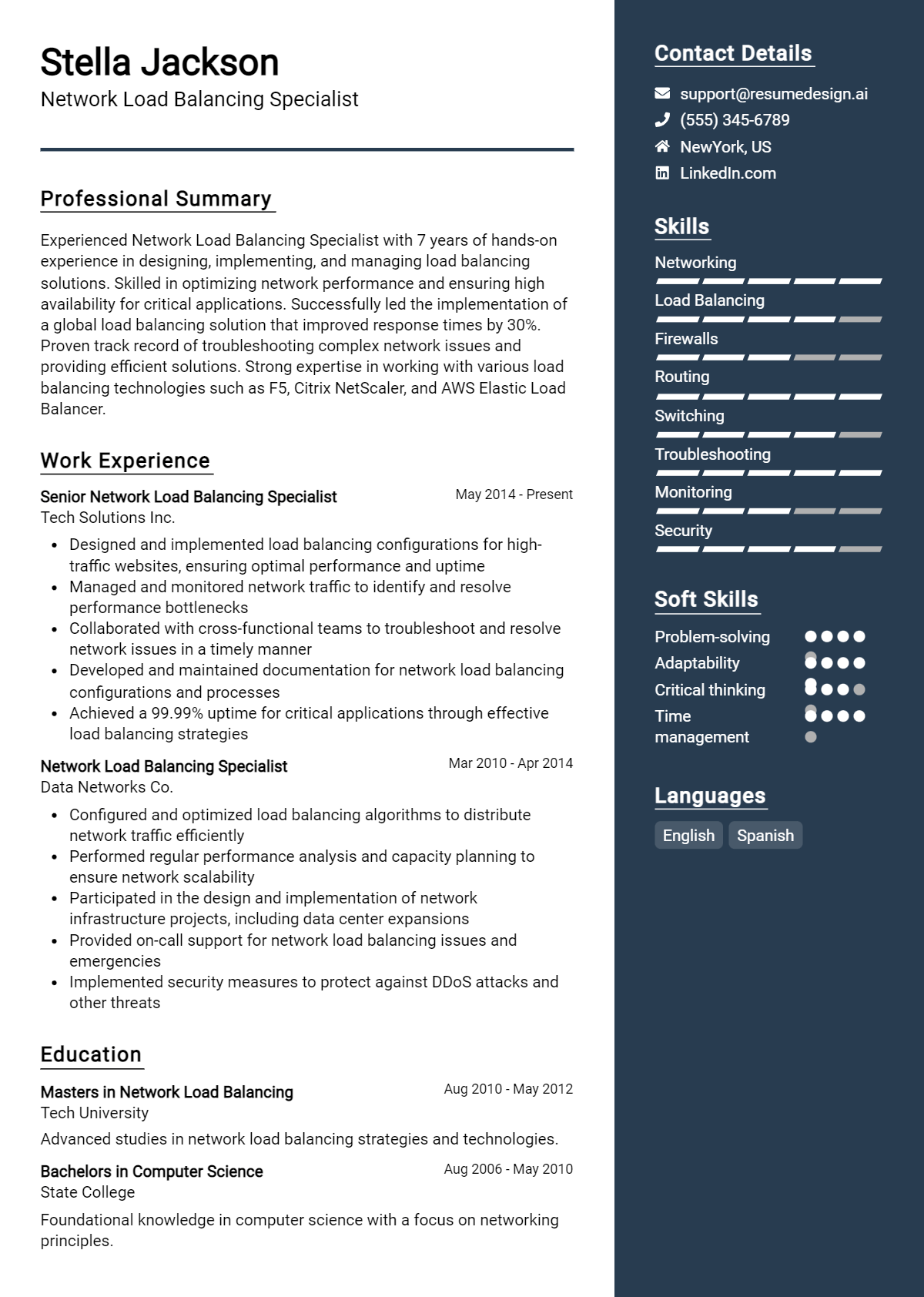 Network Load Balancing Specialist Resume Example