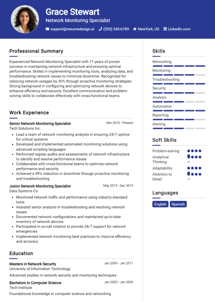 Network Monitoring Specialist Resume Example