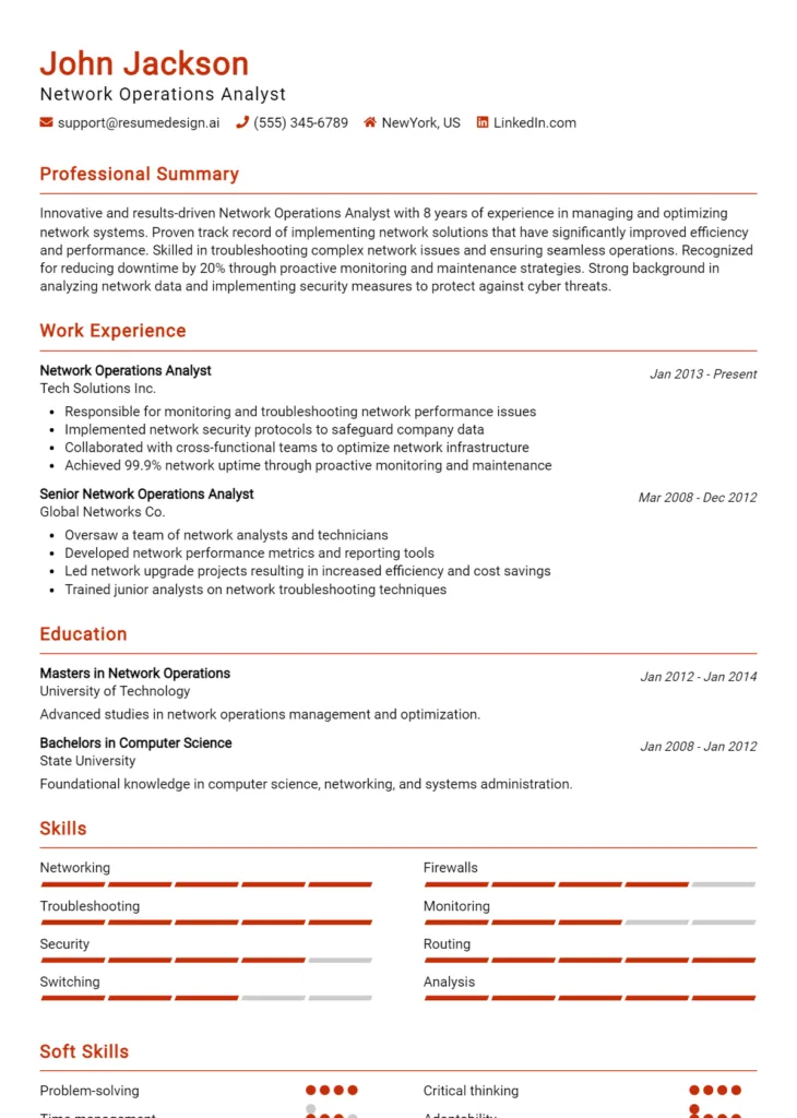 Network Operations Analyst Resume Example