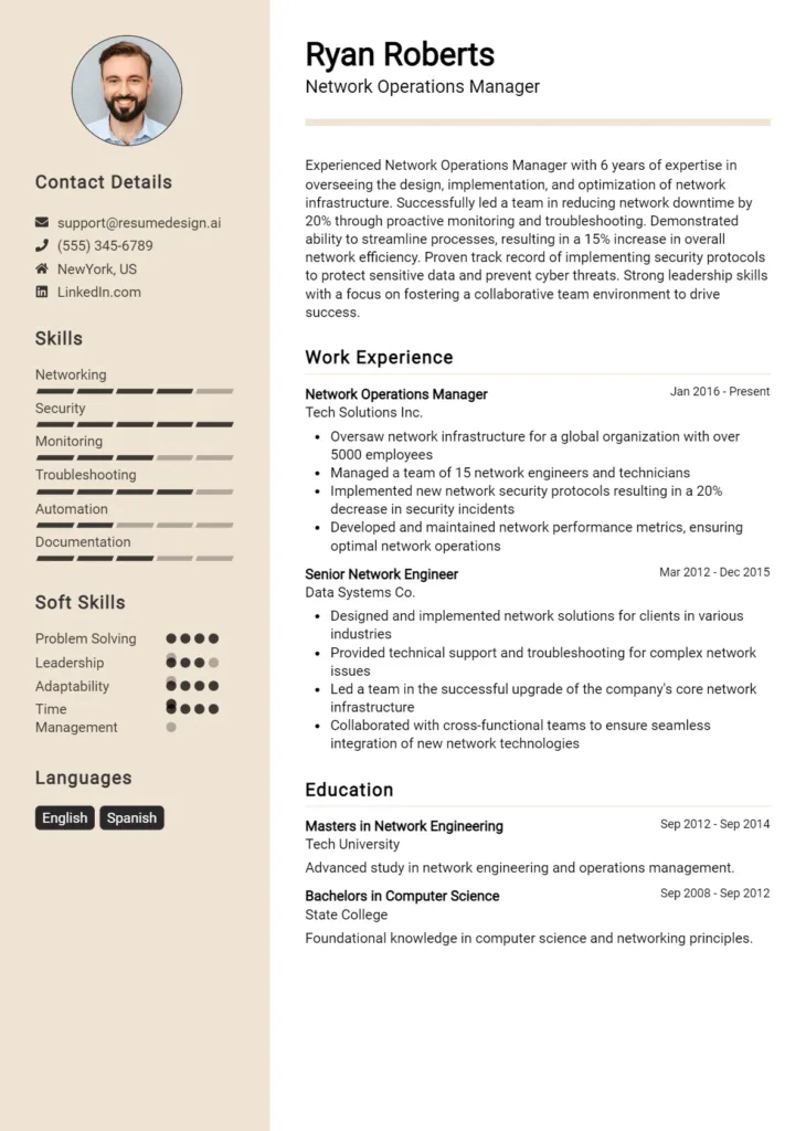 Network Operations Manager Resume Example