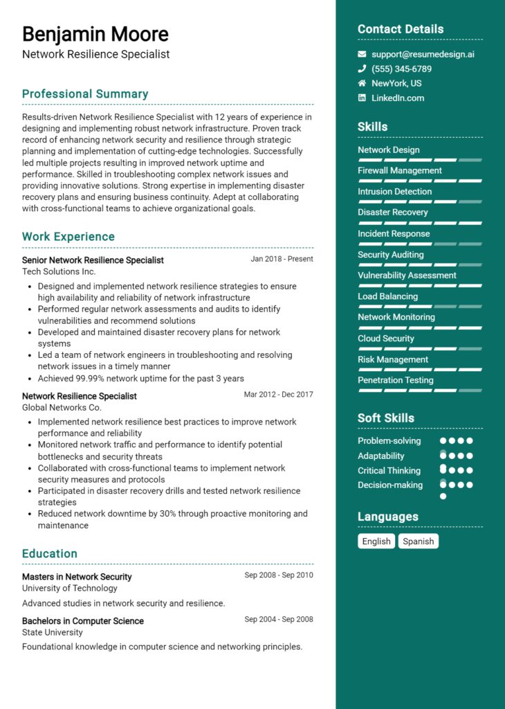 Network Resilience Specialist Resume Example