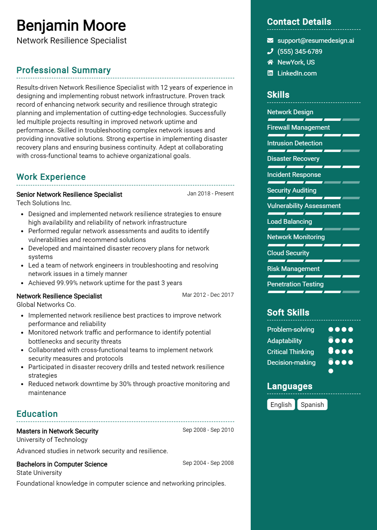 Network Resilience Specialist Resume Example